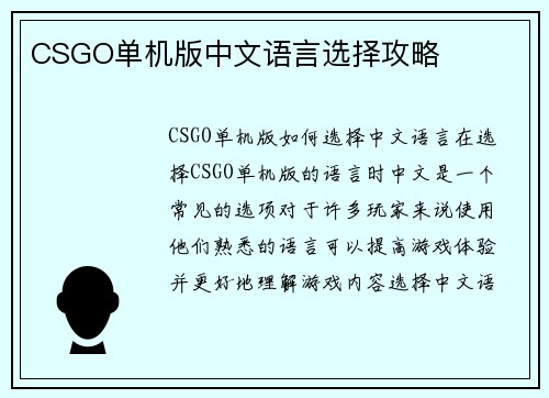 CSGO单机版中文语言选择攻略